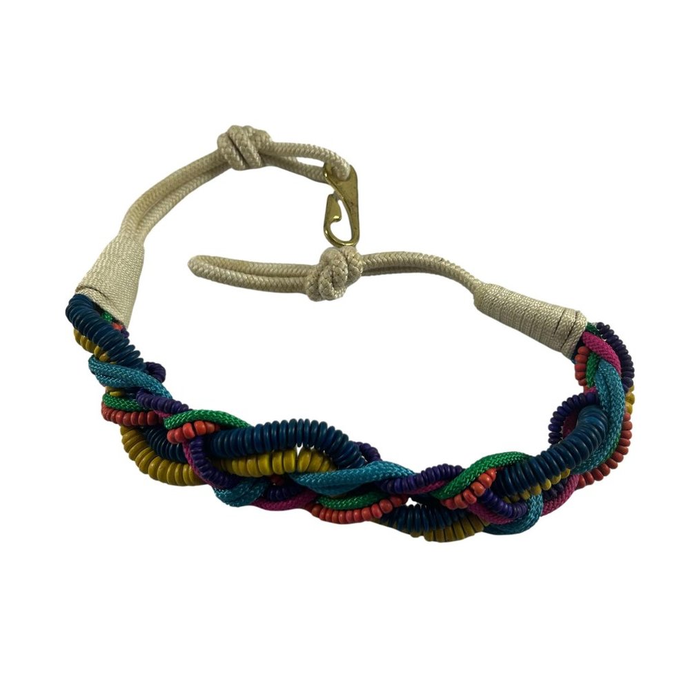 Vintage Braided Nylon Rope Belt Rainbow Multicolor Beaded Womens
